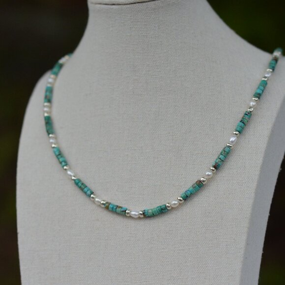 Turquoise & Freshwater Pearl Necklace: Unisex Minimalist Jewelry 19" - Picture 2 of 3